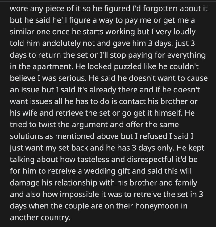 He Promised to Buy OP a Similar Set or Repay Her Once He Gets a Job. OP Was Done Entertaining His Excuses.