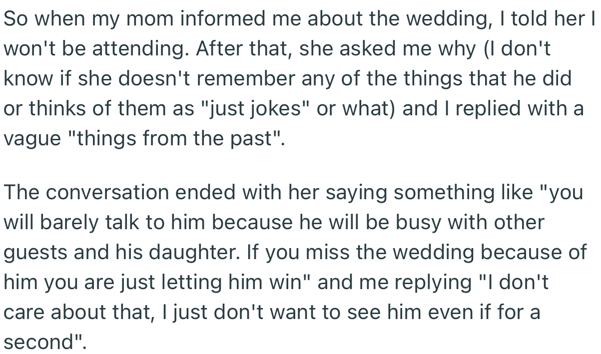 OP declined to attend the wedding due to the grudge he has with his mom’s bff’s husband