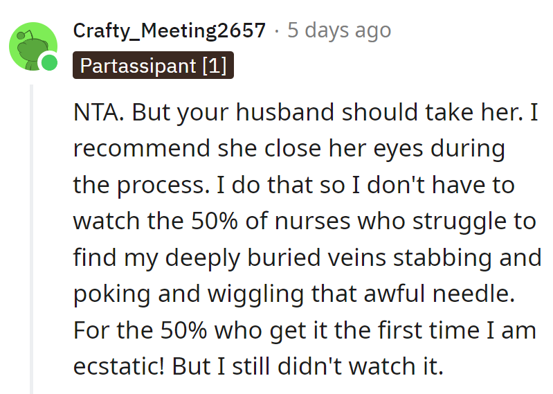 Husband's turn for needle duty! Eyes shut, veins hidden, it's a surprise party for the nurses.