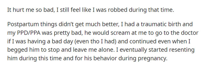 She feels robbed of her happiness during pregnancy and postpartum due to a traumatic birth, severe PPD/PPA, and her husband's insensitivity, which has led to growing resentment.