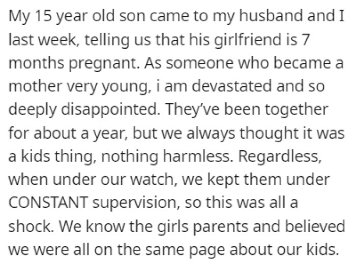 OP's 15-Year-Old Son Recently Revealed That His Girlfriend Is 7 Months Pregnant
