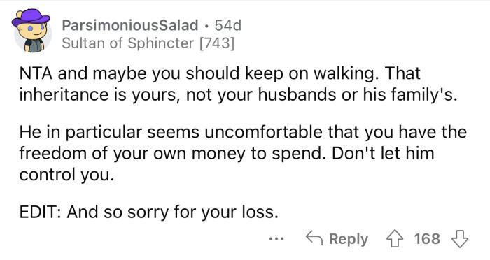 OP should not let her husband control her.