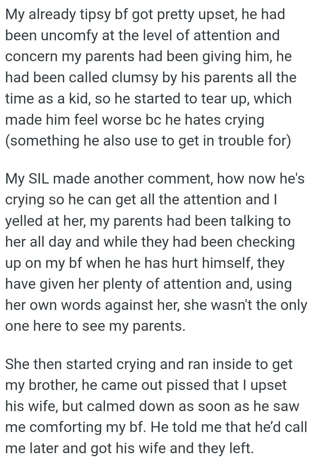 OP's SIL said his BF is crying so he can get all the attention