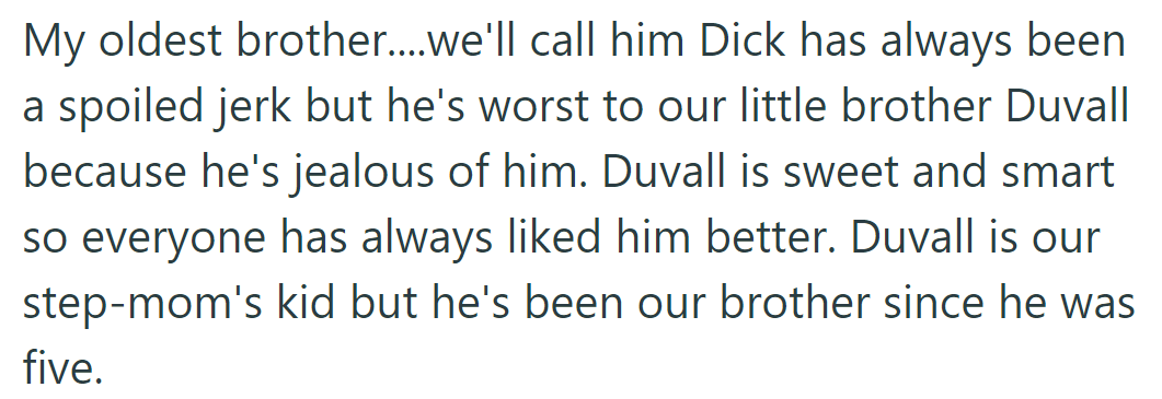 Dick, OP's eldest brother, is jealous of Duvall, their step-mom's sweet and smart son, who has been integrated into the family since age five.
