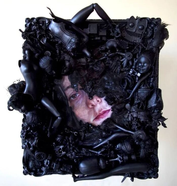 "Oil and acrylic on glass with applied found objects."
