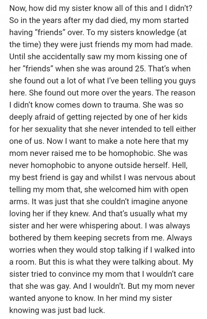 In the years after their dad died, her sister once accidentally caught their mom making out with a 