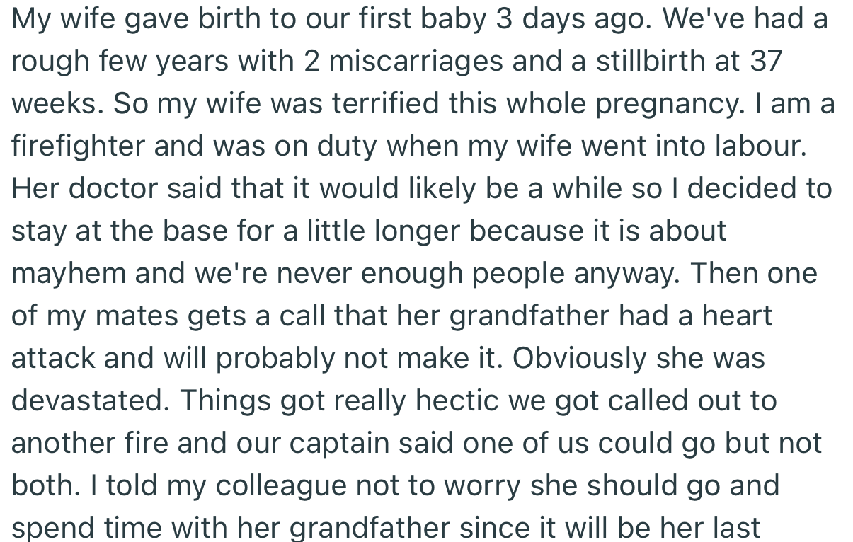 OP’s wife was in labor, but he decided to stay back at work