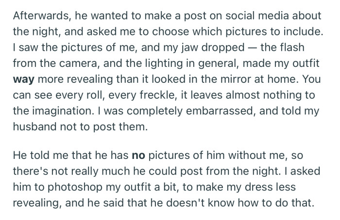 After the Event, OP Refused Her Husband Posting Any of the Pictures, as She Noticed That Her Outfit Was Way More Revealing Than She Thought.