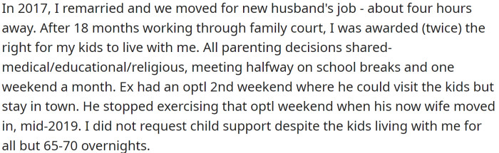 After the divorce, the ex-husband failed to take the children to doctor, dental, and vision visits and also refused to take time off when the children were sick