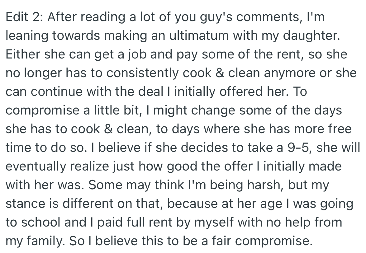OP is certain that allowing his daughter to get a 9-5 will make her appreciate the cooking/cleaning offer more.