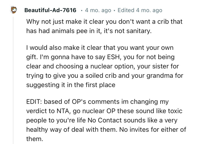 “Why not just make it clear you don't want a crib that has had animals pee in it, it's not sanitary.“