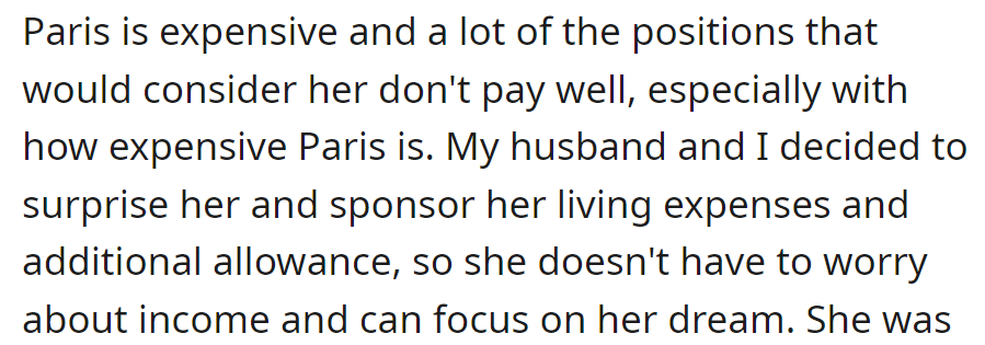 To aid their daughter's Parisian dream, the couple surprises her with financial support.
