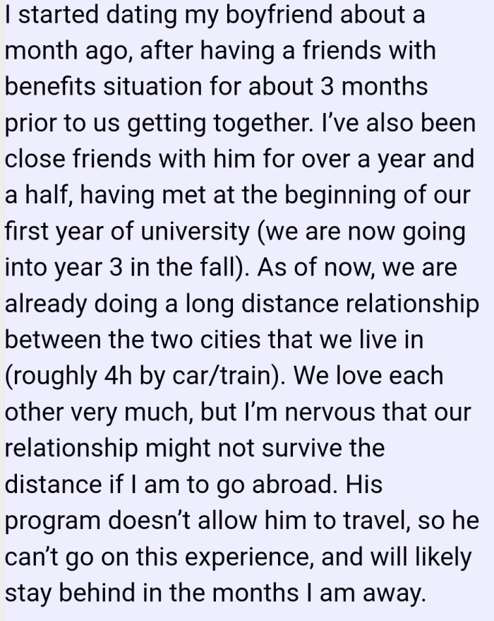 OP is nervous that her relationship might not survive the distance if she moves abroad for her international exchange program