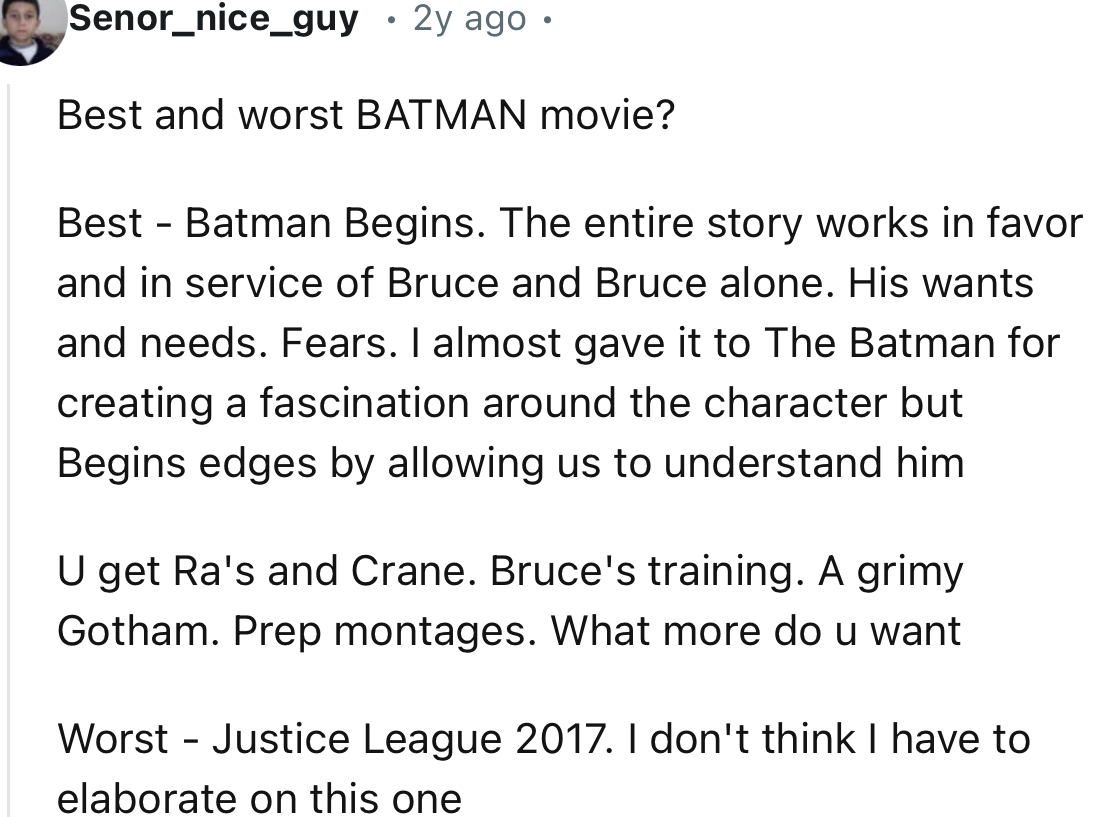 “U get Ra's and Crane. Bruce's training. A grimy Gotham. Prep montages. What more do u want?”