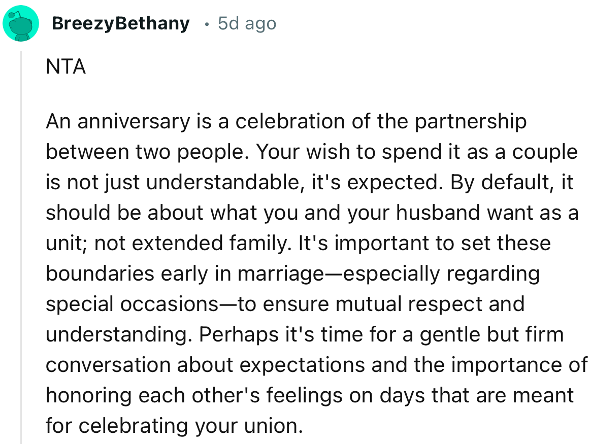 “NTA. Your wish to spend it as a couple is not just understandable; it's expected.”