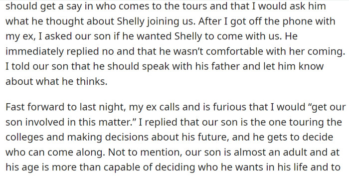 But their son said he doesn't want her to come, and it made the OP's ex furious: