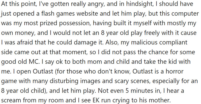 OP allowed the child to play a horror game, from which the child quickly ran away in tears.