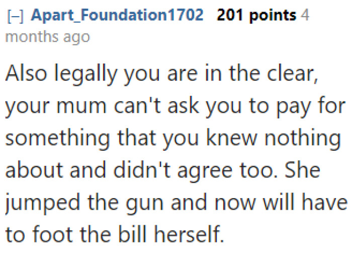 Even if the mom wants to take legal action, the OP won't be liable, according to this user.