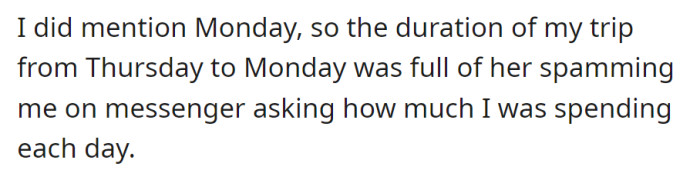 During the Thursday to Monday trip, OP faced constant messenger spam from their mother, questioning daily expenses.