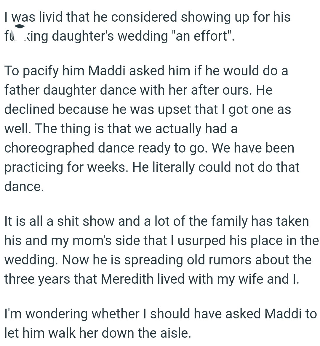 The thing is that the OP and the bride actually had a choreographed dance ready to go