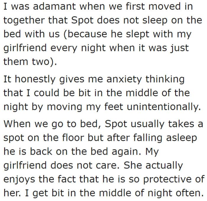 He already made it clear that the dog shouldn't sleep with them on the bed.