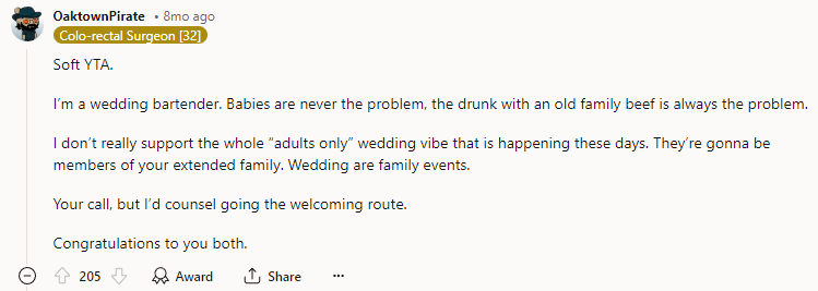 Soft YTA. I’m a wedding bartender. Babies are never the problem