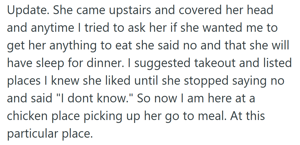 After the tears and tension, his quiet apology came in the form of her favorite takeout.