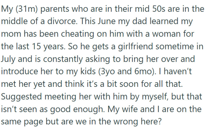 OP is a 31-year-old man whose parents are getting a divorce. His dad wants to introduce his new girlfriend to OP's young kids, and OP isn't so sure that's a good idea.