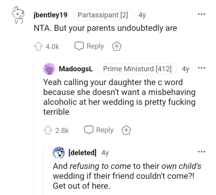 She doesn't want a misbehaving alcoholic at her wedding