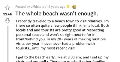 Woman Demands That Redditor Leaves A Specific Spot On The Beach Because It Was "Their Spot," But She Ended Up Getting Kicked Off The Beach Instead