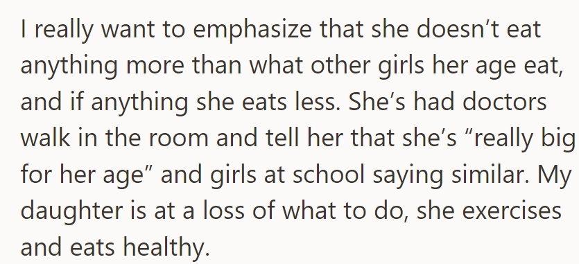 Mary eats less than other girls her age but faces hurtful comments despite exercising and eating healthily.