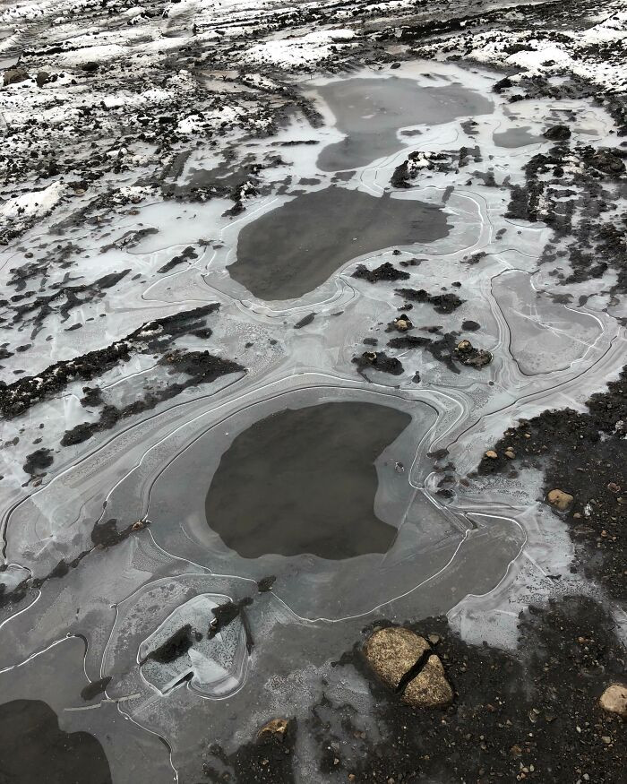 "The Way This Picture Of A Frozen Puddle In My Backyard Looks Like A Landscape From The Perspective Of A Plane"