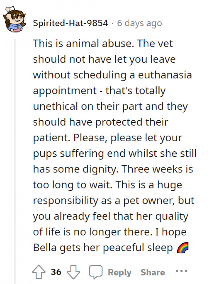 The vet should have let them schedule a euthanasia appointment for Bella, knowing her condition. Three weeks is too long to wait—one of the responsibilities of being a pet owner is to end their suffering when their quality of life is no longer there.