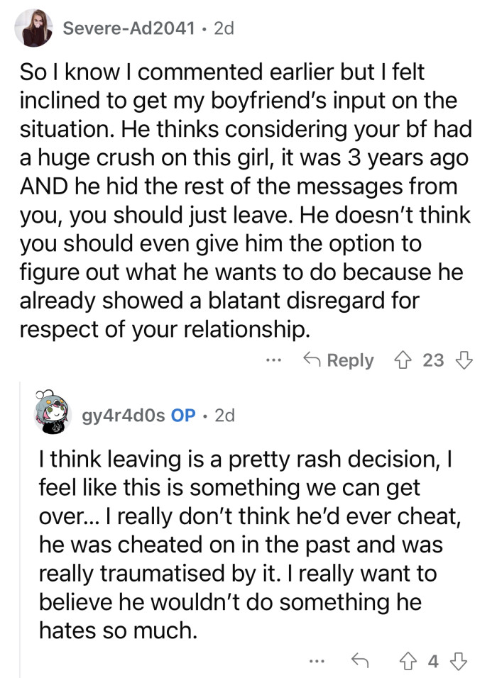 Hiding the messages from OP proves the boyfriend's intentions.