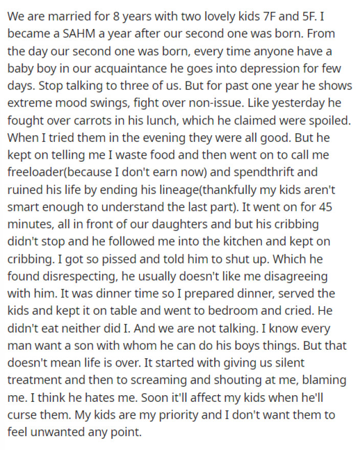 OP provides extensive details about the situation and her husband's thoughts regarding having two daughters and no sons.