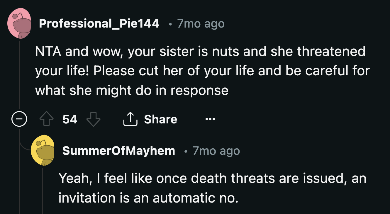 But the 'kindness as revenge' fantasy was shattered when we were reminded that OP's sister threatened her life during their last interaction.