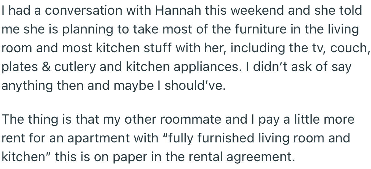 OP found out that Hannah was planning to take most of the furniture and kitchen utensils with her