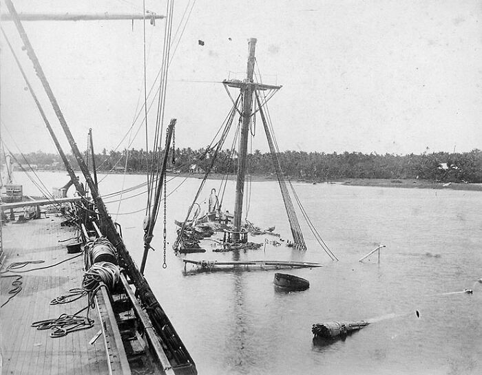 "View From The Wrecked USS Trenton, With USS Vandalia Sunk Alongside"