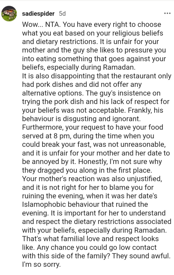 This Redditor believes that the guy's insistence and lack of respect for the OP's beliefs is totally unacceptable