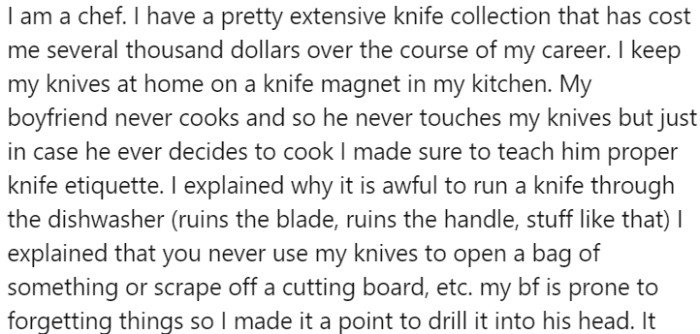 As a chef, OP has an extensive and valuable knife collection