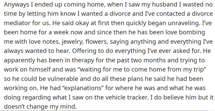 When She Came Home, She Asked Him for a Divorce, and He Started Love-Bombarding Her: