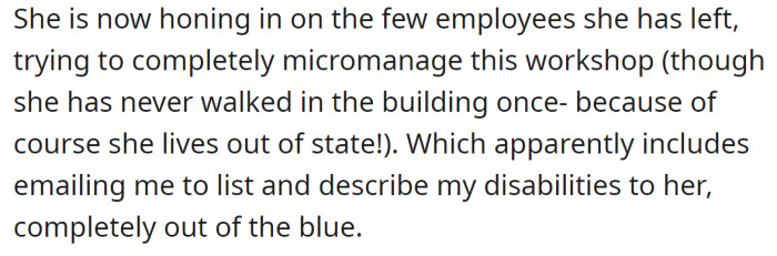 The stand-in manager sent an email to the OP, asking her to list her disabilities: