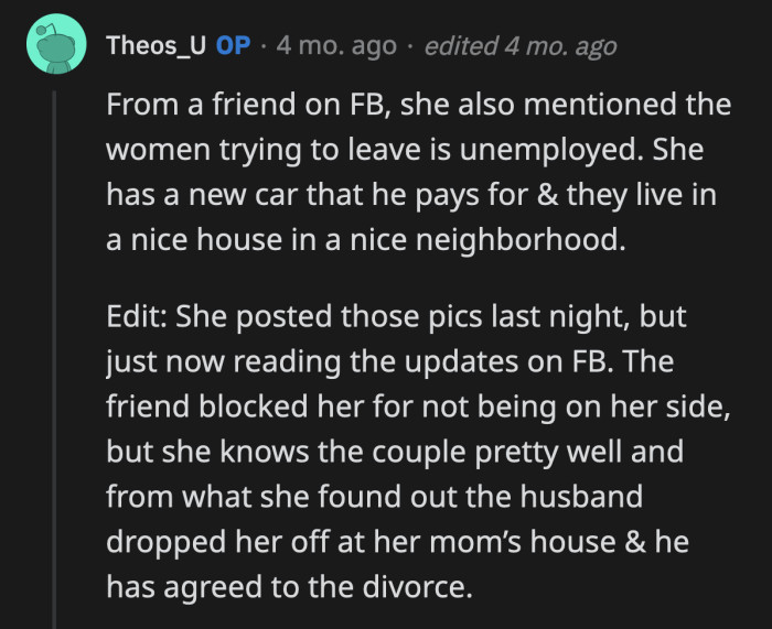 Sarah blocked Ashley for not siding with her. The divorce will proceed, so Sarah should be happy.