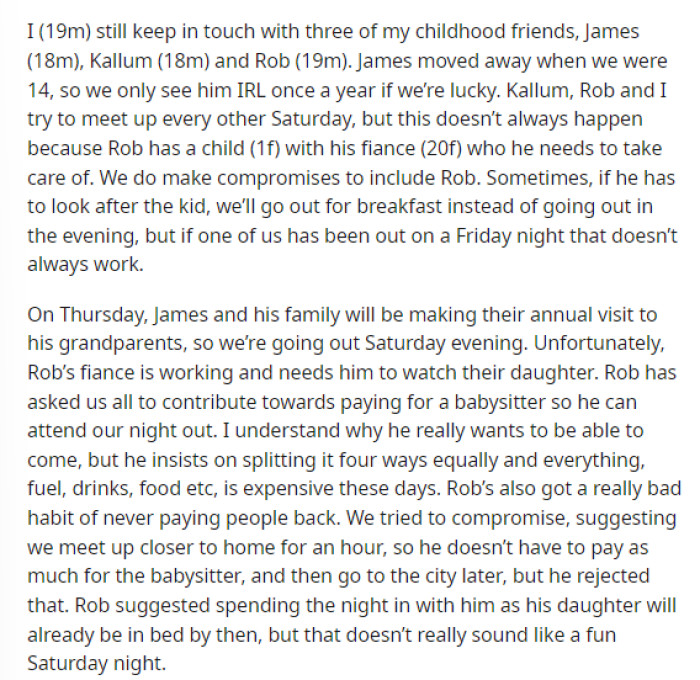 OP starts off their post talking about the situation with their friend having a baby and just how they like to spend their time when they hang out.