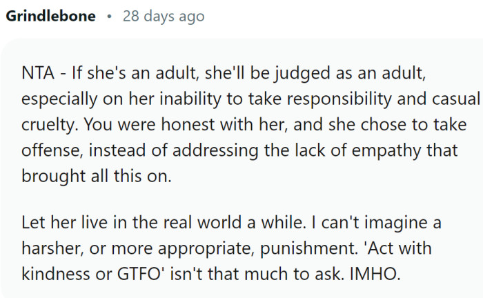 The appropriate punishment - let her live in the real world a while