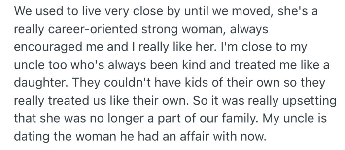 Interestingly, after the divorce, OP’s uncle started dating the woman he was having an affair with