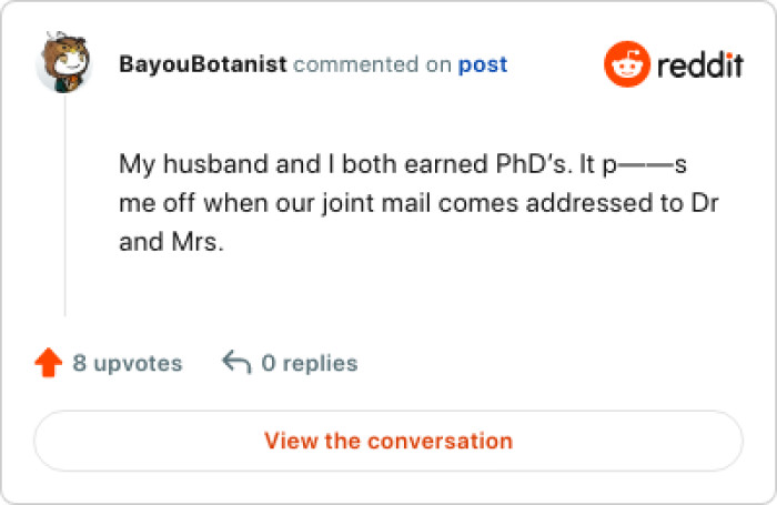 This Redditor and her husband are both PhD holders