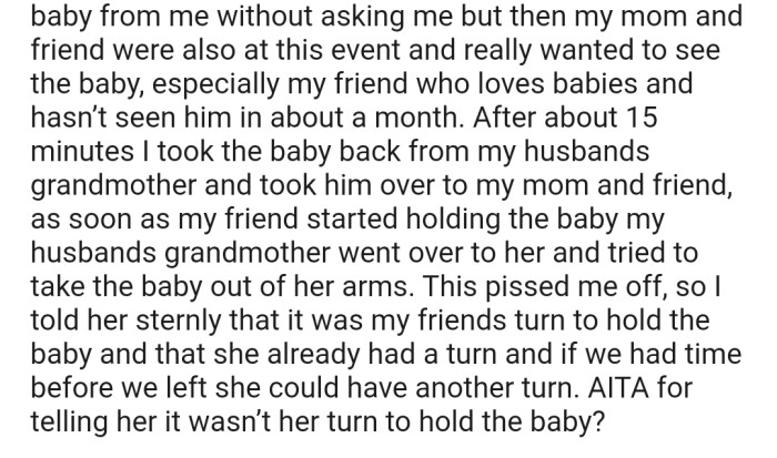 OP was forced to tell off her husband's grandmother at a family gathering due to her annoying behavior