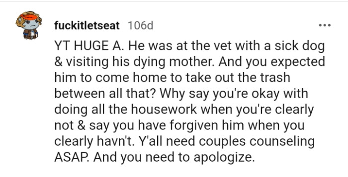 This Redditor suggests that the OP and her husband need counseling