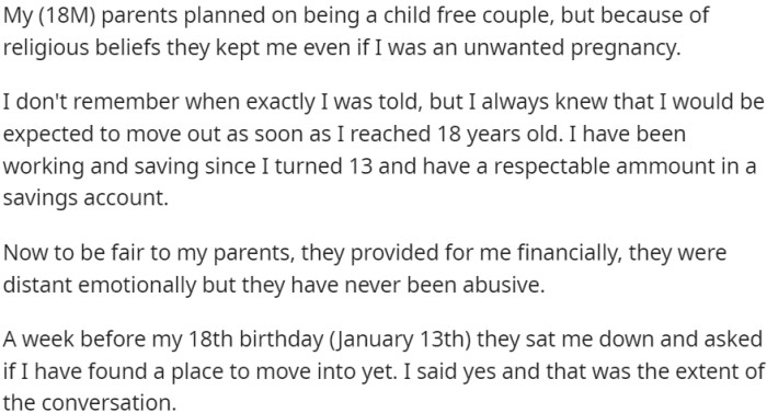 OP knew from a young age that he would be expected to move out as soon as he turned 18